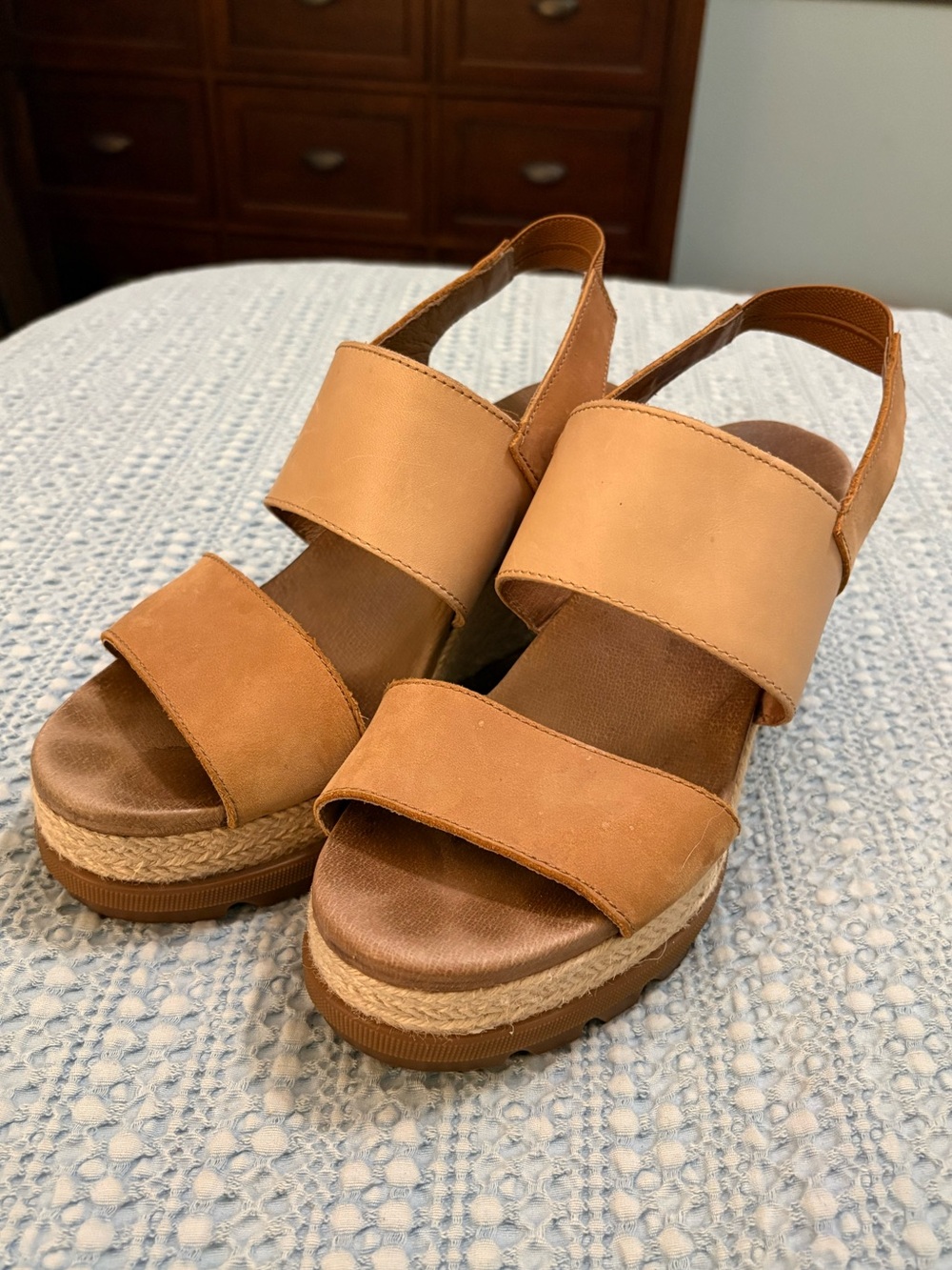Sorel Joanie II Slingback Wedge Sandals Tan Leather Jute Platform Suede Size 8.5